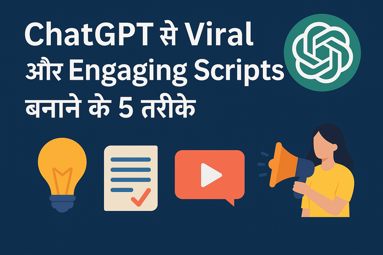 हिंदी टेक्स्ट के साथ एक डिजिटल ग्राफिक जिसमें ChatGPT का लोगो, आइडिया, स्क्रिप्ट, वीडियो और मेगाफोन के आइकन हैं – जो वायरल स्क्रिप्ट बनाने के 5 तरीकों को दर्शाते हैं