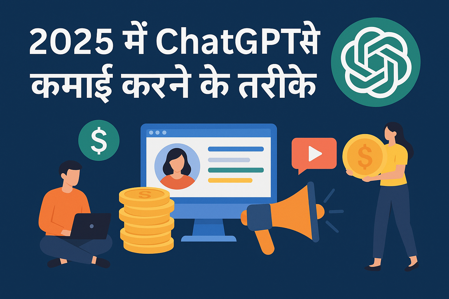 2025 में ChatGPT से कमाई करने के तरीके बताते हुए हिंदी टेक्स्ट और डिजिटल आय के प्रतीक चिह्नों के साथ ग्राफिक