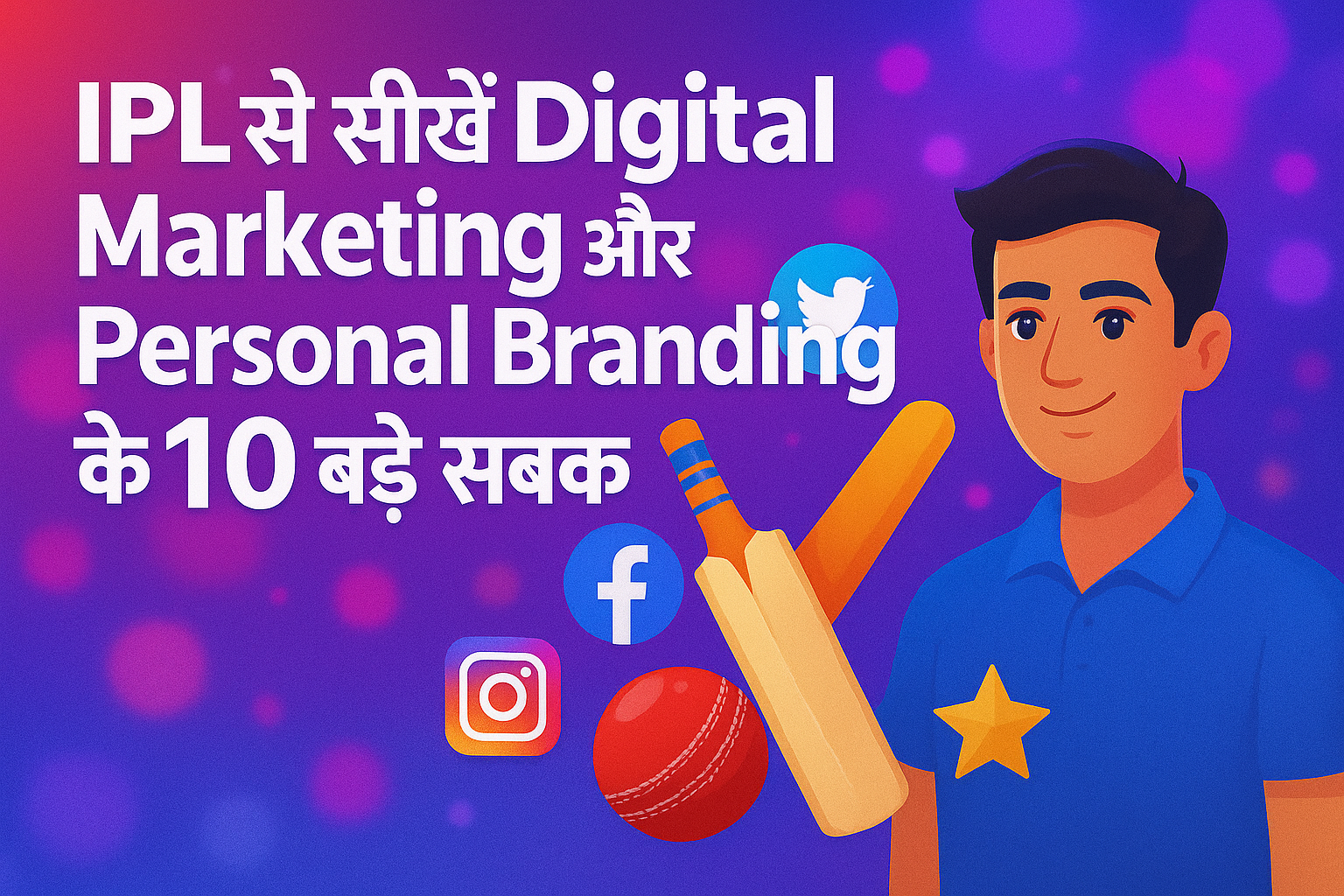 एक डिजिटल पोस्टर जिसमें एक युवक, क्रिकेट बैट, बॉल और सोशल मीडिया आइकॉन्स के साथ "IPL से सीखें Digital Marketing और Personal Branding के 10 बड़े सबक" लिखा है, बैकग्राउंड में पर्पल और पिंक बबल इफेक्ट।