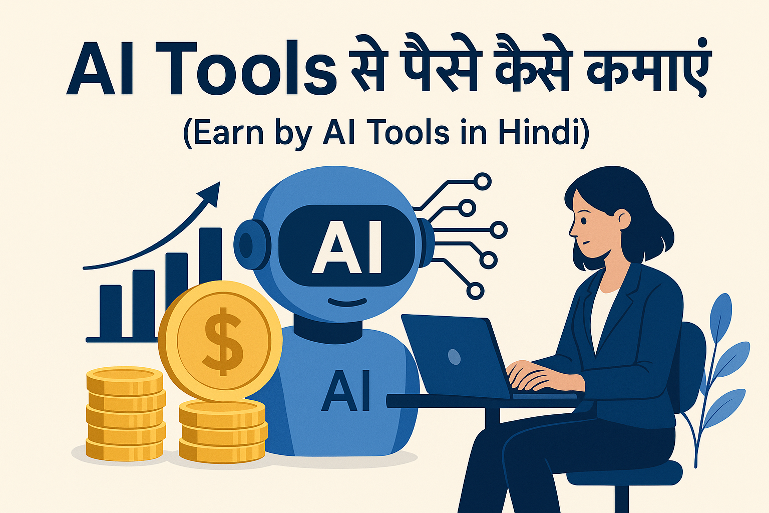 एक महिला लैपटॉप पर काम करते हुए, पास में AI रोबोट और पैसों के सिक्के, AI से पैसे कमाने का कांसेप्ट