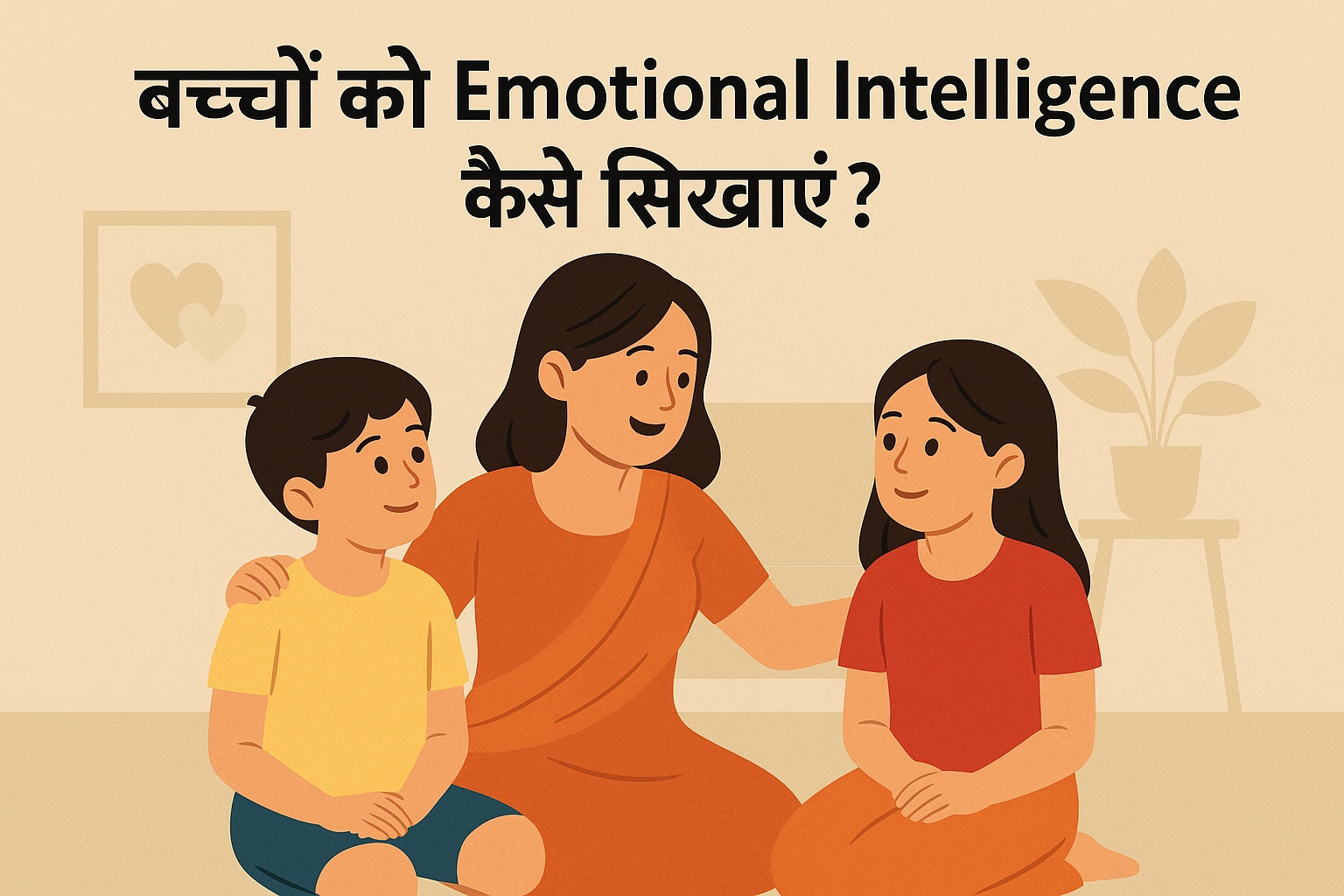 भारतीय माँ अपने दो बच्चों को इमोशनल इंटेलिजेंस सिखाते हुए, घर के आरामदायक माहौल में बैठी है।