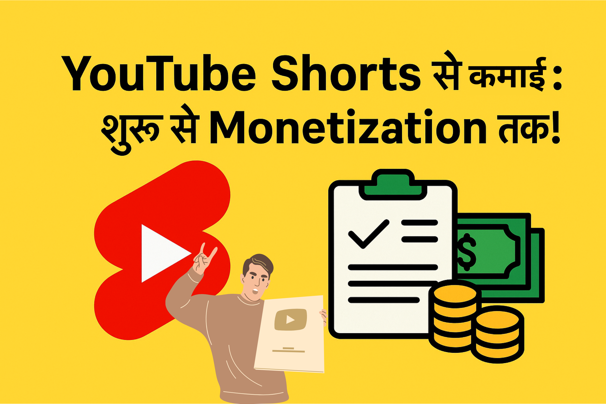 YouTube Shorts का लोगो, हिंदी टेक्स्ट "YouTube Shorts से कमाई: शुरू से Monetization तक!" के साथ, और पास में पैसे व चेकलिस्ट आइकॉन पीले बैकग्राउंड पर।